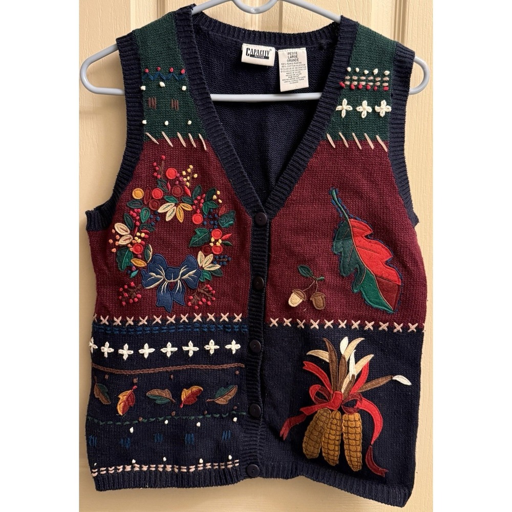 VTG Capacity Women's Petite‎ Large Sweater Vest Fall Harvest 3D Embroidered. EUC